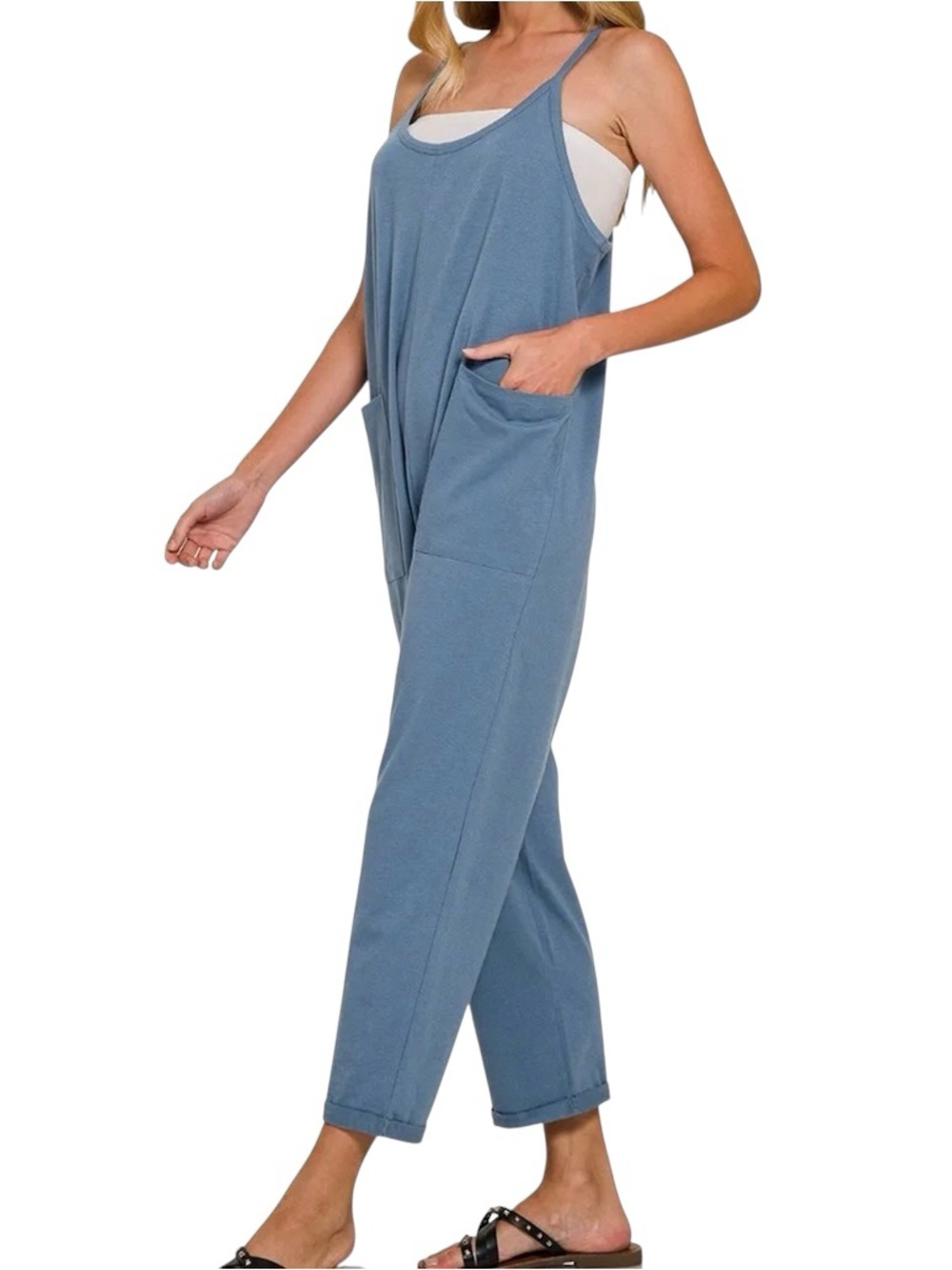 Sincerely Jules Cozy Soft Relaxed Pocket Romper Jumpsuit Blue M - Picture 2 of 10